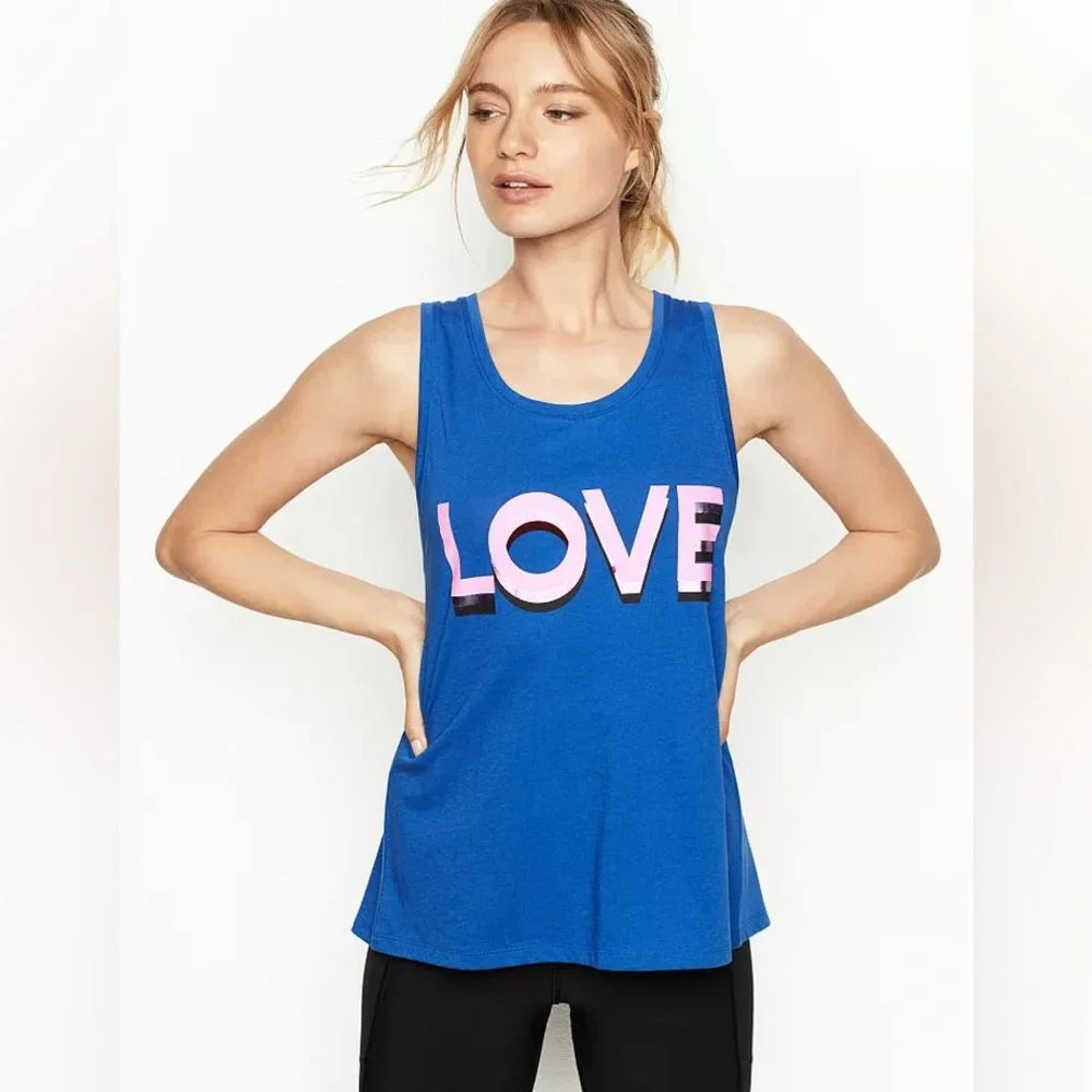 VS VICTORIAS SECRET SPORT LOVE KEYHOLE TANK TOP BLUE WITH PINK METALLIC XL
